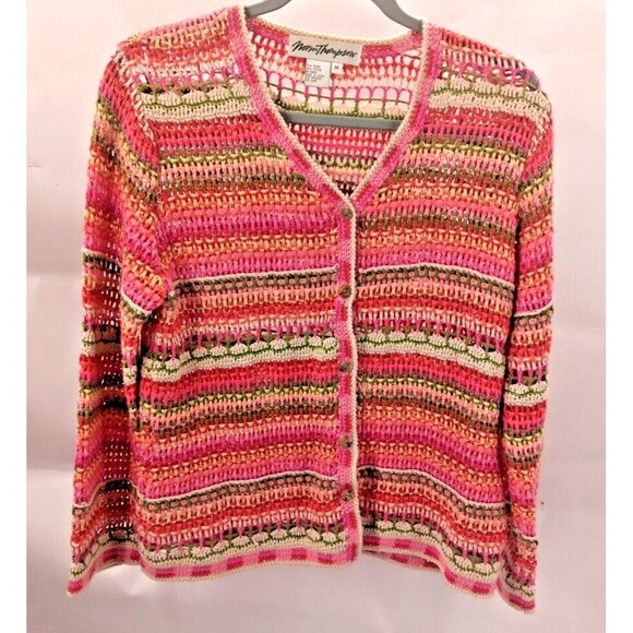 Norm Thompson Tops - Norm Thompson Vintage Pink Green Red Striped Open Knit Crocheted Cardigan Size M